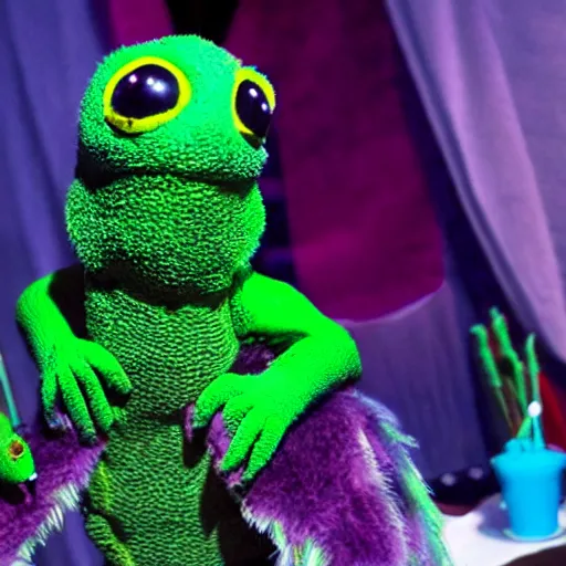 Prompt: a sleestak, in a fluffy party