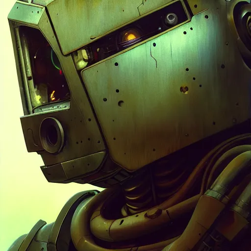 Image similar to a expressive portrait of masked diesel punk robot in dramatic lighting, depth of field background, artstation, award - winning realistic sci - fi concept art by jim burns and greg rutkowski, beksinski, a realism masterpiece, expressive color palette, james gilleard, bruegel, alphonse mucha, and yoshitaka amano