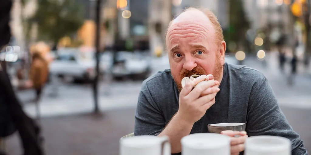 prompthunt: louis c k eating a cinnabon, xf iq 4, f / 1. 4, iso 2 0 0, 1 /  1 6 0 s, 8 k, raw, unedited, symmetrical balance, in - frame, sharpened