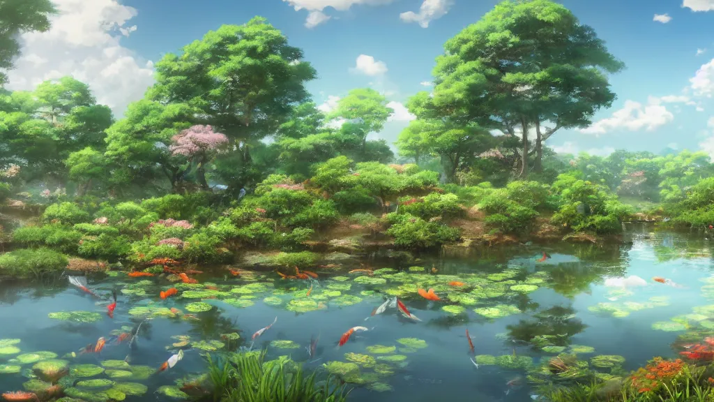 Prompt: a ultradetailed beautiful matte painting showing a close view of a peaceful pond with a clear water and amazingly beautiful carp koi, anime, high resolution 4 k, by makoto shinkai, charli bowater and artgeem