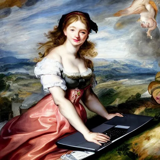 Image similar to heavenly summer sharp land sphere scallop well dressed lady working on her laptop auslese, by peter paul rubens and eugene delacroix and karol bak, hyperrealism, digital illustration, fauvist