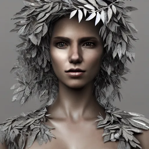 Prompt: a highly detailed digital image of a futuristic woman elegantly wrapped with leaves which are made of silver, by Andrea Chiampo, artstation and Frederik Heyman, extremely detailed woman, stunning volumetric lighting, hyper realism, fantasy 4k