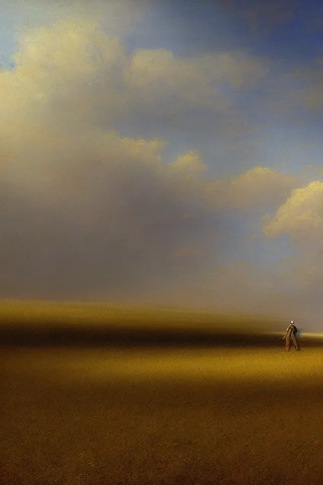 Prompt: concept art of the back view of one humanoid robot on the ground, very very big and tall buildings nearby, vast wheat fields, by Ivan Aivazovsky, godrays, atmospheric, cinematic, distant world, wide angle, detailed