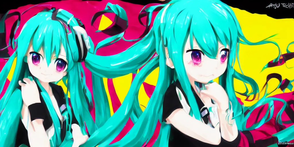 Image similar to hatsune miku preforming on stage , digital art, art station, trending on art station, anime, colorful art