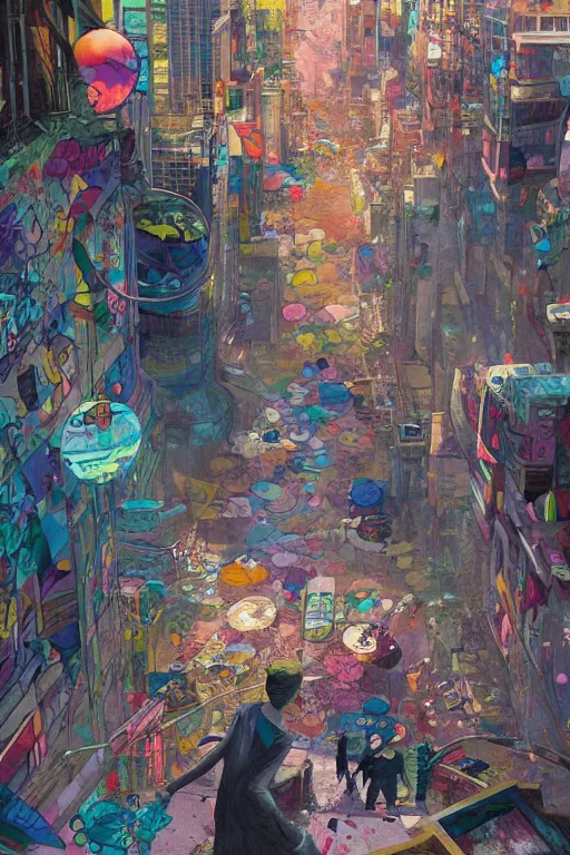 Prompt: dreamlike people in a busy city people covered by colorful graffiti paint dripping down to the floor, professional illustration by moebius, hiroshi yoshida, painterly, yoshitaka Amano, artgerm, loish, painterly, and james jean, illustration, moon lighting, masterpiece