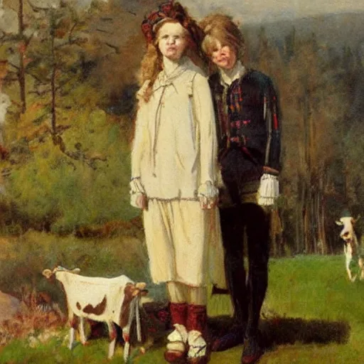 Prompt: painting by zorn, cow wearing!!! clothes!!! standing next to royal castle!!