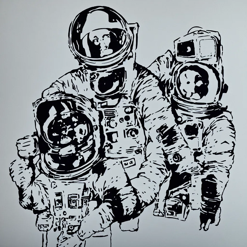 Image similar to individual furry astronaut silk screen portrait banksy style