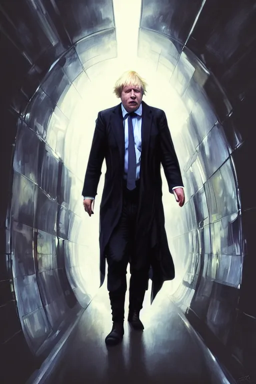 Image similar to Boris Johnson as Neo from Matrix, full body realistic portrait, highly detailed, muscular body, digital painting, artstation, concept art, smooth, sharp focus, illustration, cinematic lighting, art by artgerm and greg rutkowski and alphonse mucha