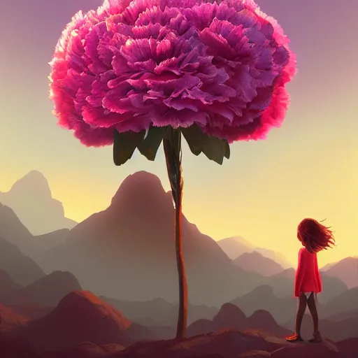 Image similar to giant carnation flower as a head, girl hiking in a canyon, surreal photography, sunrise, dramatic light, impressionist painting, colorful clouds, digital painting, artstation, simon stalenhag