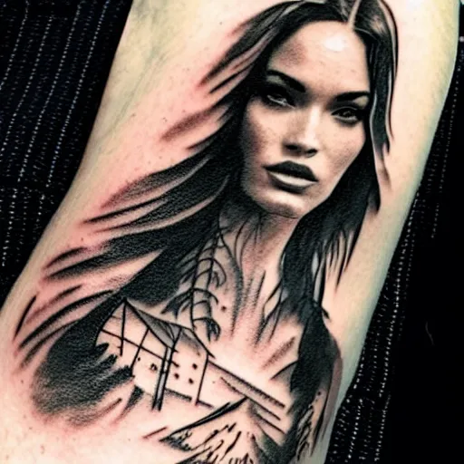 Prompt: double exposure tattoo sketch of megan fox with beautiful mountain scenery, hyper - realistic, in the style of den yakovelev, amazing detail, sharp, abstract