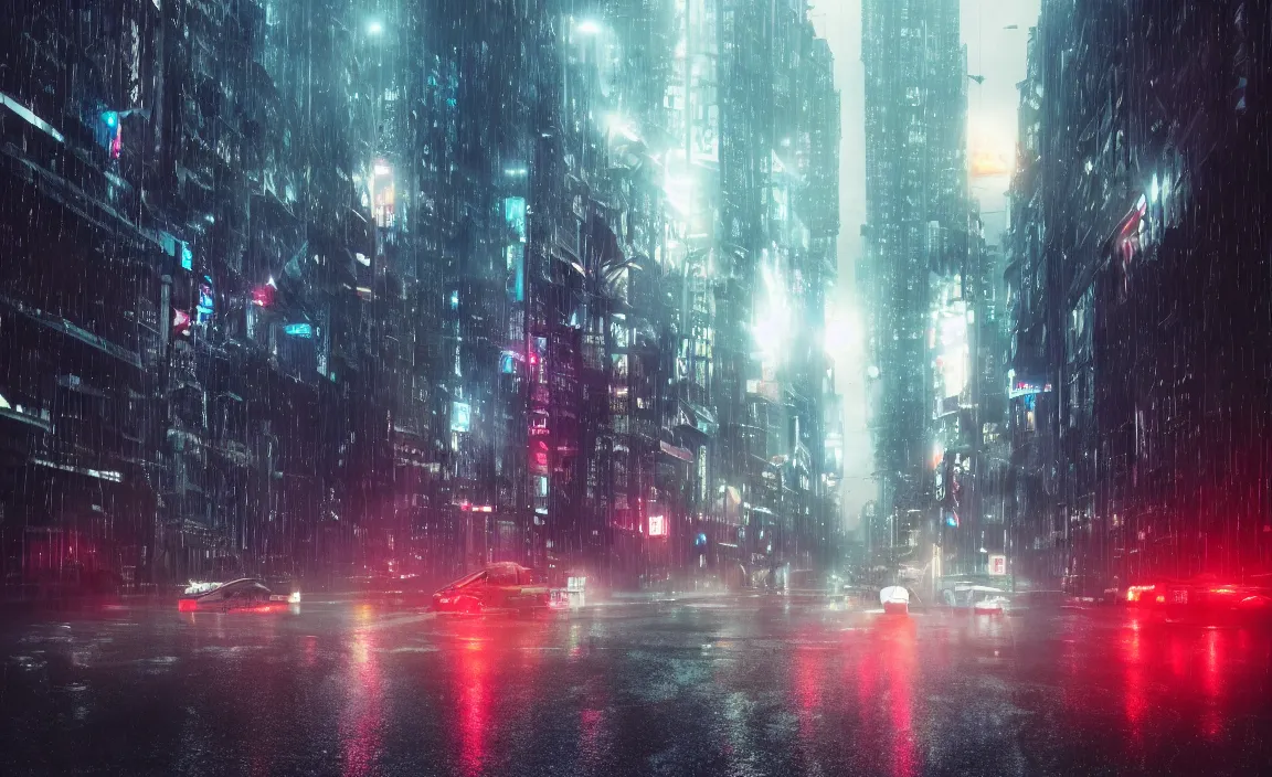 Prompt: Rainy atmosphere flying cars futuristic city skyscrapers umbrellas cyberpunk, cinematic shoot in 4K cameras, godrays, lens flares, 70 mm sigma lens.