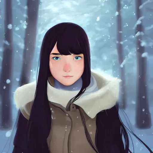 Prompt: teen girl with long black hair and bangs, detailed facial features, beautiful face, snowy winter village in the background, digital painting, artstation, highly detailed, by makoto shinkai and thomas kindle and James gilleard