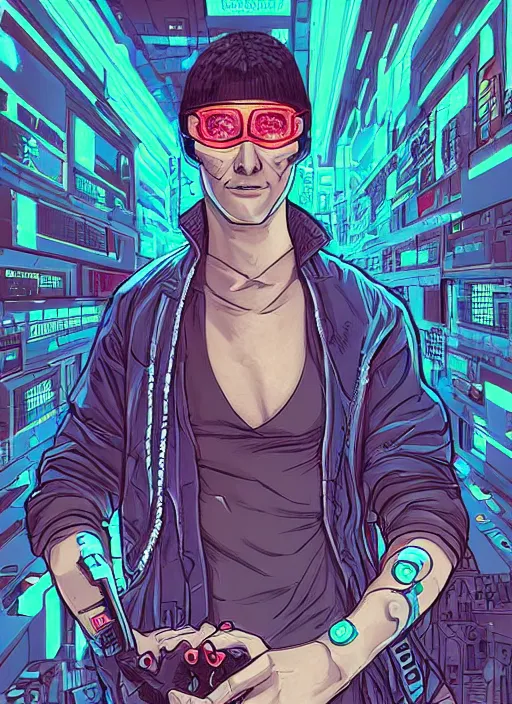 Image similar to cyberpunk hacker with robot feet. portrait by josan gonzales