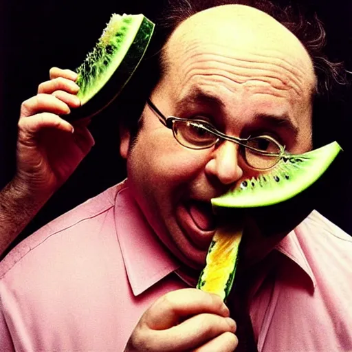 Prompt: “Frank Reynolds (from It's Always Sunny In Philadelphia) as the US President eating a watermelon, informal journalistic style photo by Steve McCurry”