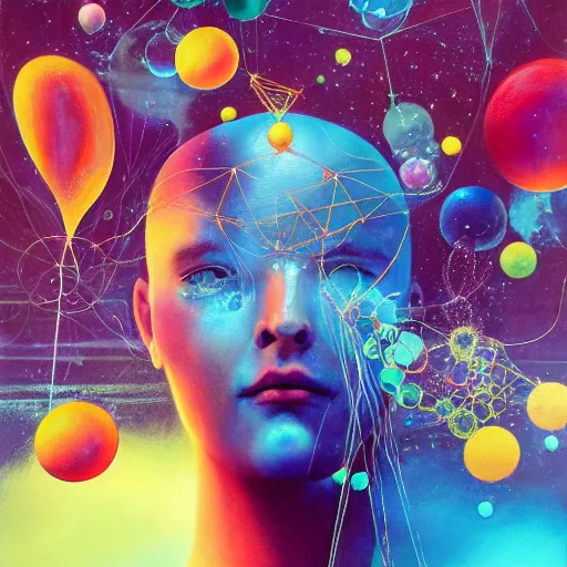 Image similar to surreal gouache painting, yoshitaka amano, ruan jia, bubbles, orbs, incredibly detailed, of floating molecules and a mannequin artist holding an icosahedron with stars, clouds, and rainbows in the background, retrowave, modular patterned mechanical costume headpiece, artstation masterpiece, minimalistic