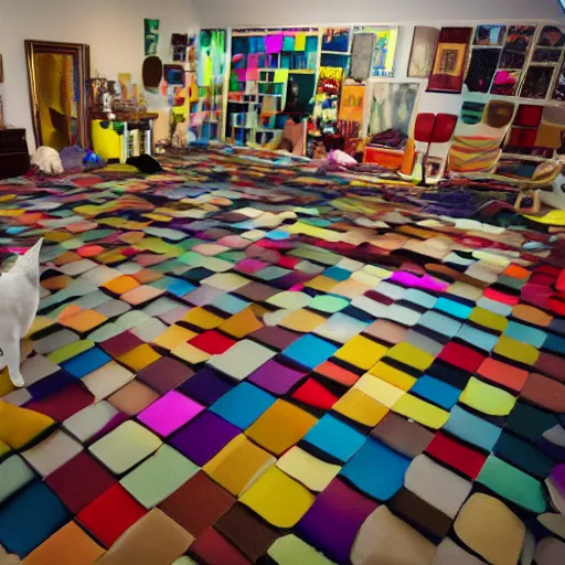 Prompt: color studio photo of a cats filled floor to ceiling in a bedroom