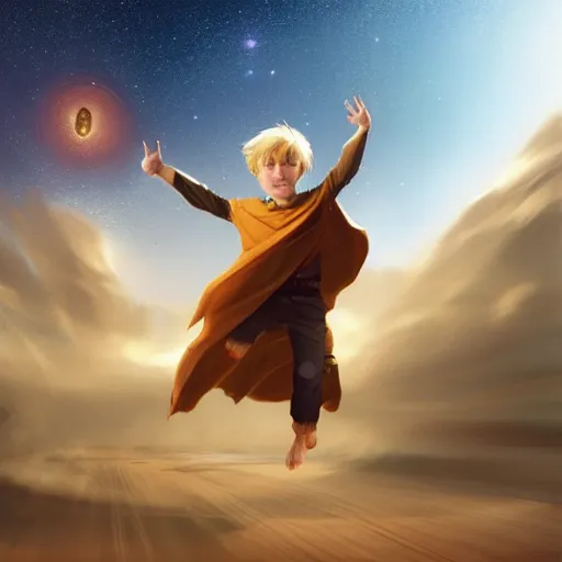 Prompt: blonde boy with bright golden eyes wearing a brown cape and flying in t pose, space background, greg rutkowski