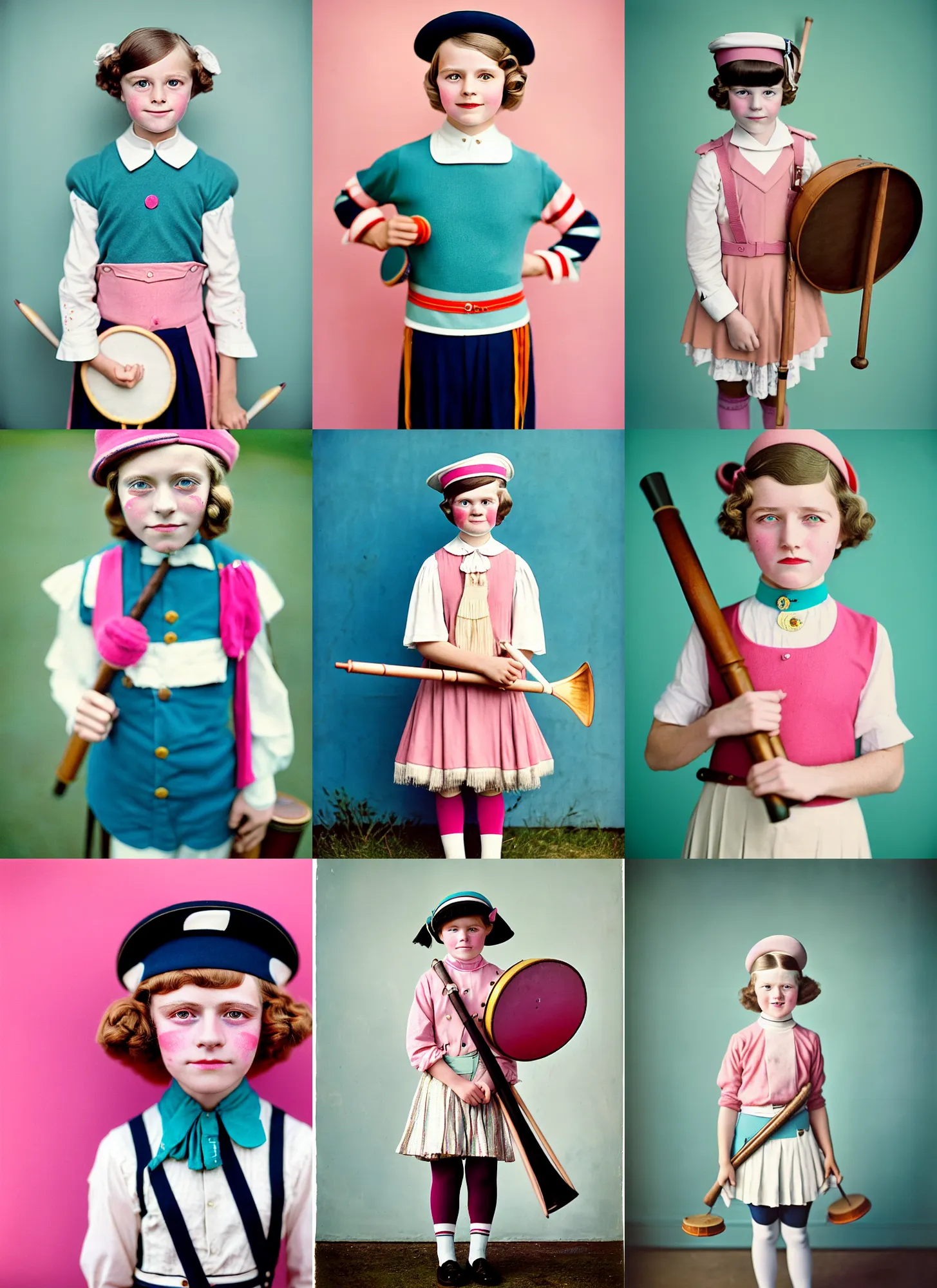 Prompt: kodak portra 4 0 0, 8 k, highly detailed, britt marling style, 3 / 4 photographic close, press award winning colour portrait of a cute handsome 8 year old sailor girl with marching drum, muted colours, pink, turquoise, up face with 1 9 2 0 s hairstyle, 1 9 2 0 s style, asymmetrical, hasselblad