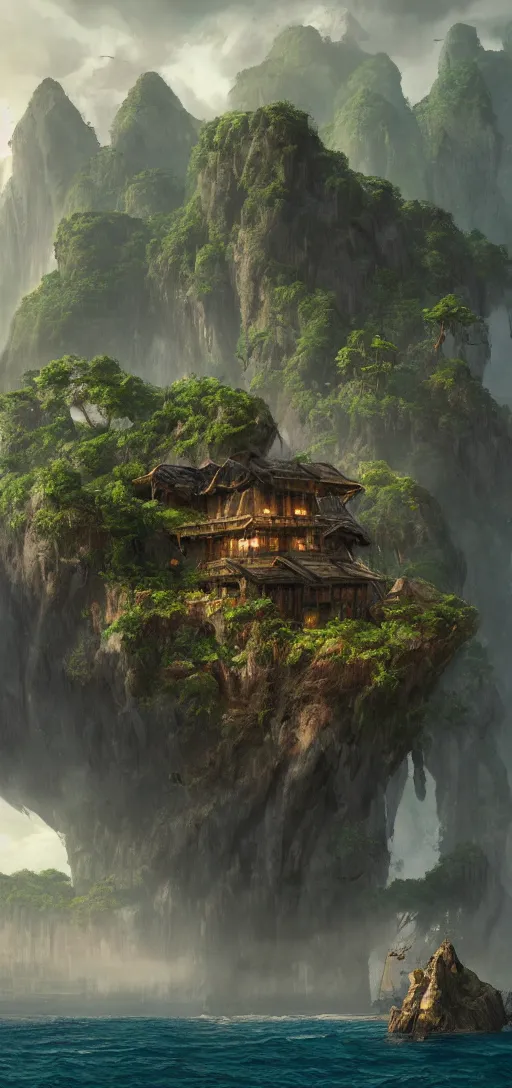 Image similar to wooden fortress on a tropical island with ruff shore cliffs, skull Island, kingkong,landscape, raphael lacoste, eddie mendoza, alex ross, john howe, concept art, matte painting, highly detailed, rule of thirds, dynamic lighting, cinematic, detailed, denoised, centerd, clean render