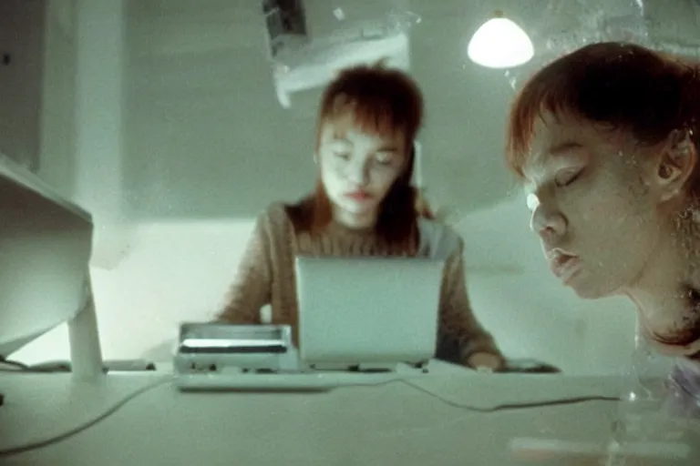 Prompt: alien using a computer to check her email submerged in translucent goo, over the shoulder perspective, in 1 9 8 5, y 2 k cybercore pinkcore, industrial low - light photography, still from a kiyoshi kurosawa movie