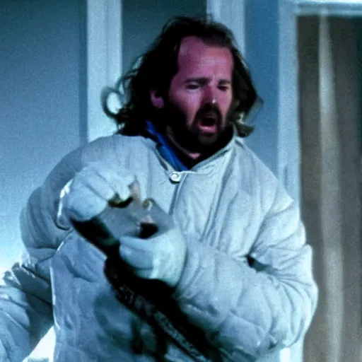 Image similar to movie still from the thing (1982), rendering of harry kane as macready, cinematic, action, full body action shot, john carpenter,