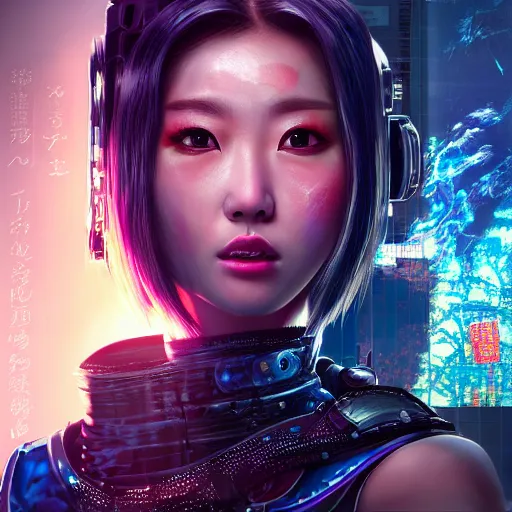 Image similar to An epic fantastic ultrarealism comic book style portrait painting of a female cyberpunk armor samurai, tzuyu from twice, blue and ice silver color armor, cyberpunk feel raining at tokyo rooftop, Concept world Art, unreal 5, DAZ, 8k, hyperrealistic, octane render, cosplay, RPG portrait, final fantasy artwork concept, dramatic lighting, rim lights