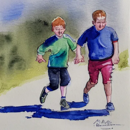 Prompt: a young boy is running along a street in bellshill, scotland, while his older brother chases him. watercolour