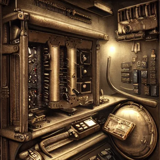 Image similar to Steam computer in ancient time used by ape, highly detailed, highly realistic, artstation, by Hans Giger