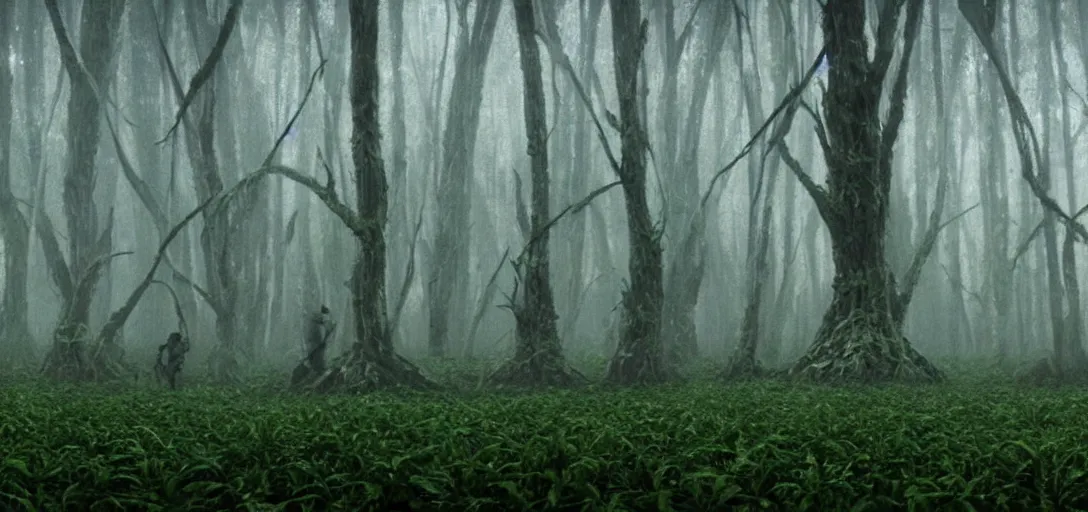 Prompt: a complex organic fractal 3 d metallic ceramic humanoid megastructure skyscraper in a swampy lush forest, foggy, cinematic shot, photo still from movie by denis villeneuve