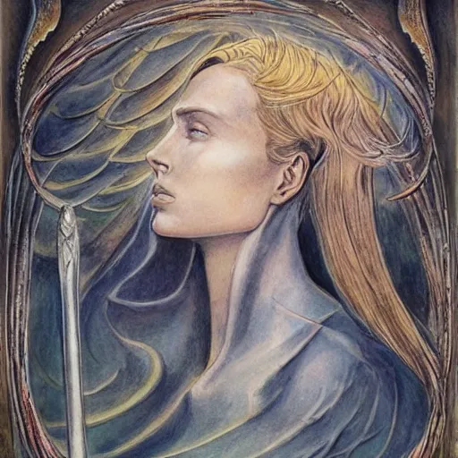 Prompt: jeanne d'arc in the style of william blake, terese nielsen, detailed, intricate, beautiful faces, steve argyle, triumphant fate, pastoral fantastic reality, photorealistic