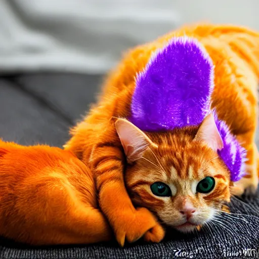 Image similar to tiny adorable purple dragon cuddles an orange tabby cat, realistic, orange tabby cuddles purple dragon, award-winning photography