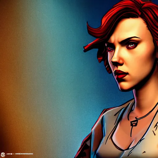 Image similar to scarlett johansson portrait, borderlands, tales from the borderlands, the wolf among us, comic, cinematic lighting, studio quality, 8 k