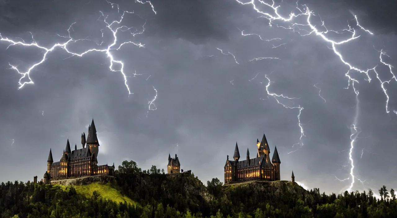 Image similar to slytherin harry potter flying with his wand forward. hogwarts castle and lightning strikes in the background. bad weather