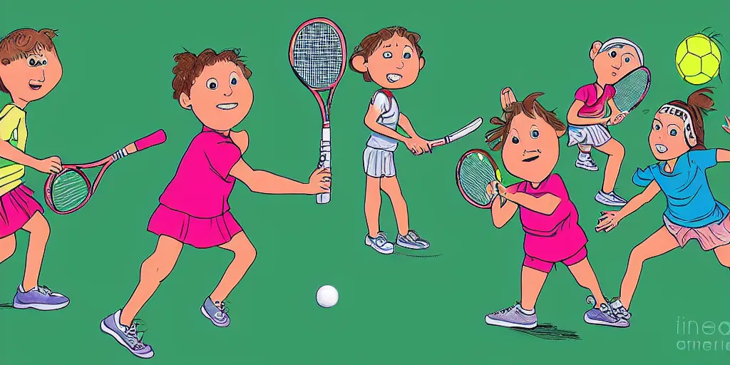 Image similar to digital art of anatomically correct kids playing tennis by quino