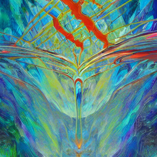 Image similar to elysium mothership retribution scarce color palette cold power-line alienated scenery in a dream subconscious cavern sacred geometry canvas carefully structured abstract expressionism oil painting by Eemre Aaa (2041)