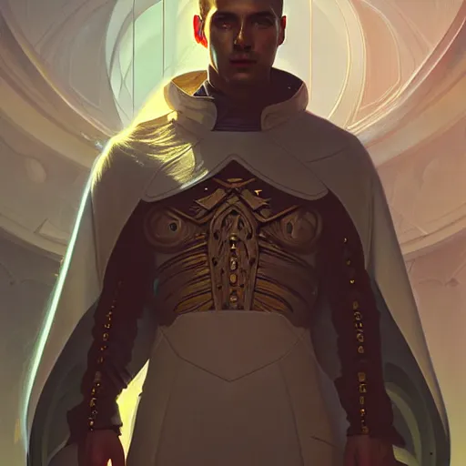 Image similar to futuristic male priest, sci-fi, fantasy, intricate, elegant, serious, highly detailed, digital painting, artstation, concept art, smooth, sharp focus, illustration, art by artgerm and greg rutkowski and alphonse mucha