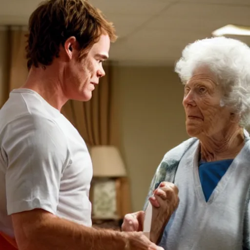 Prompt: dexter morgan giving his grandma a gift at the nursing home