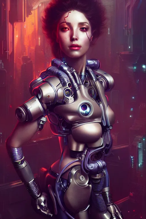 Image similar to ultra realistic, beautiful female cyborg in a crowded smoky cyberpunk club in space megalopolis, sci - fi, intricate details, eerie, highly detailed, octane render, 8 k, art by artgerm and alphonse mucha and greg rutkowski