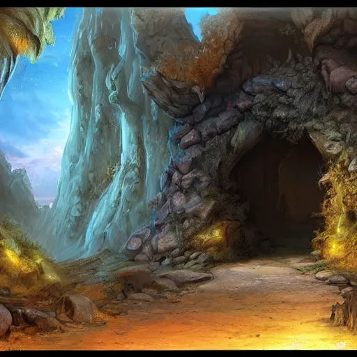 Image similar to beautiful matte painting of a fantasy cave entrance