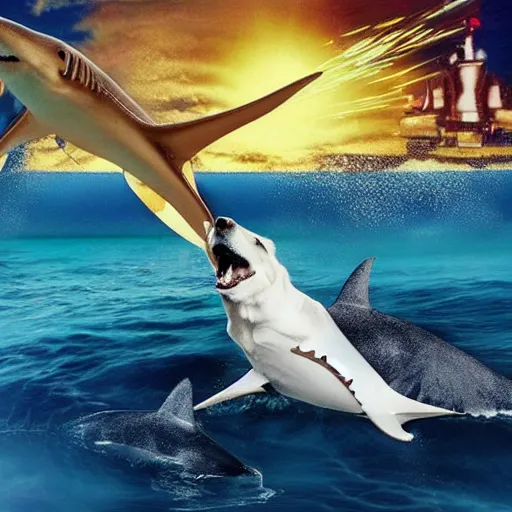 Image similar to golden retriever riding on a shark shooting lasers out of its eyes