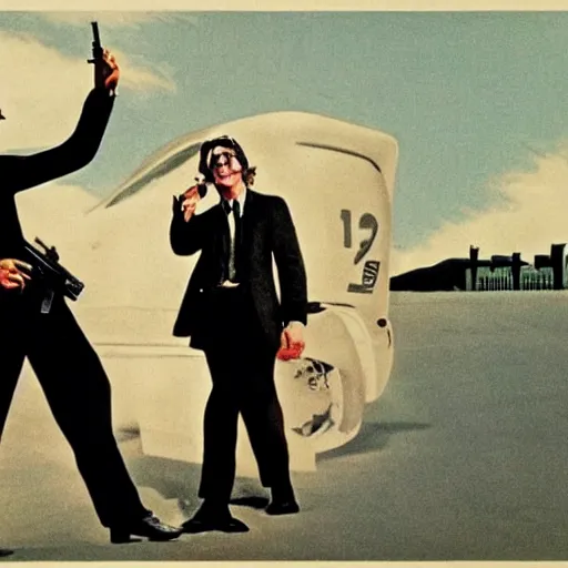 Image similar to john lennon pointing a gun at sean connery, james bond, 1960s film poster
