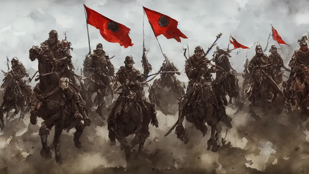 Prompt: group of dragoon riders with flag banners, rule of thirds, watercolored, jakub rozalski, dark colours, dieselpunk, artstation