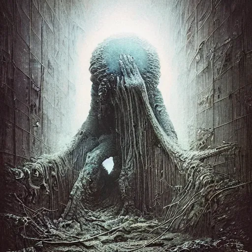 Image similar to an epic horrifying fantastic hyperdetailed 3 d matte painting photo taken with nikon d 7 5 0 an of a decaying eldritch creature partially covered with grafitti art by moebius by zdzisław beksinski by jakub rozalski by nekro