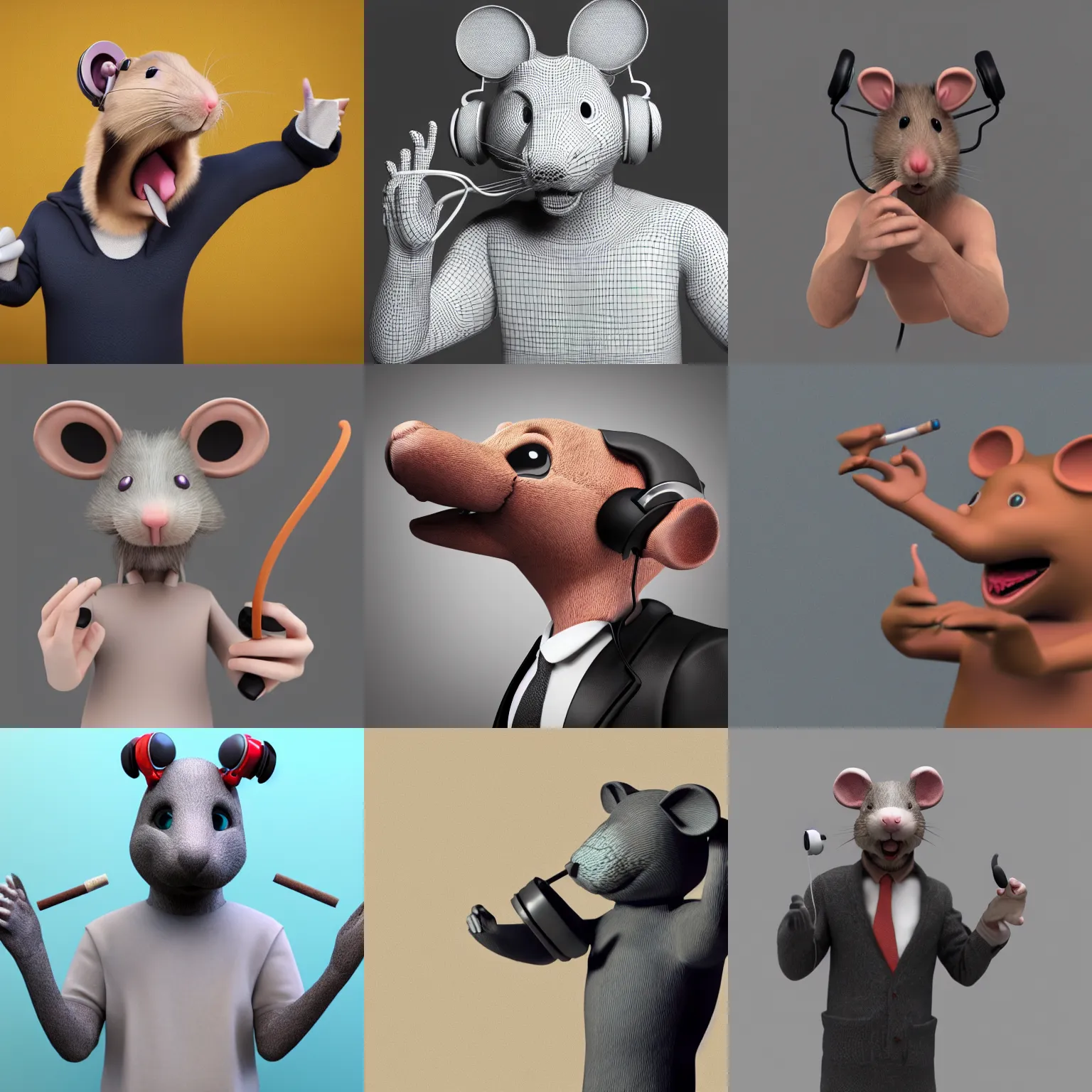 Prompt: anthropomorphic male rat making hand signs whilst smoking a blunt and wearing headphones, 3d render