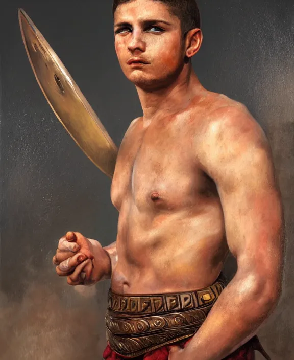 Image similar to portrait of a handsome young latin gladiator, art by denys tsiperko and bogdan rezunenko and franz xaver kosler, hyperrealism, fantasy art