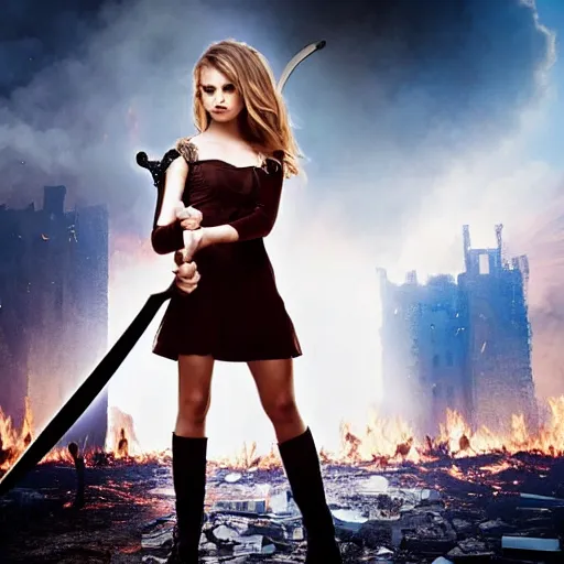 Prompt: a beautiful girl with a beautiful face in a torn dress holding a sword against the background of a burning city, finale fantasy