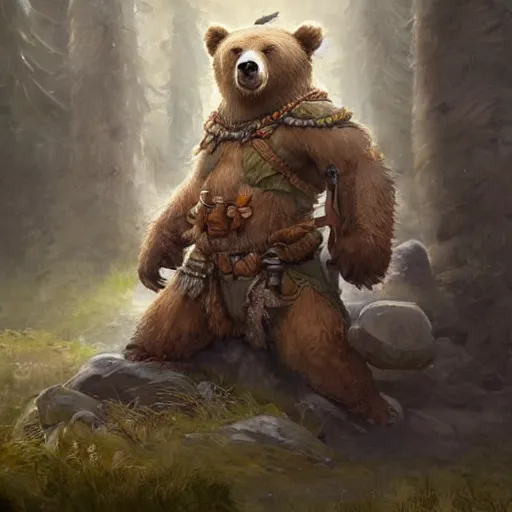 Prompt: a bear druid, Justin Gerard and Greg Rutkowski, realistic painting, Digital art, very detailed, High definition, trending on Artstation