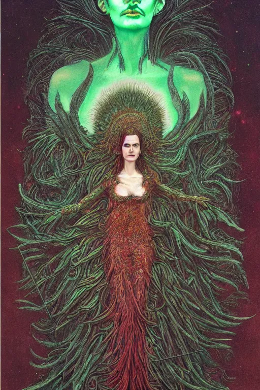 Prompt: cosmic horror eldritch lovecraftian full body portrait of eva green as the emerald queen of feathers by wayne barlowe, agostino arrivabene, denis forkas