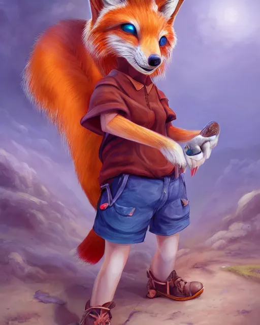 Prompt: award - winning extremely detailed fantasy art of a cute female innocent eyes anthropomorphic vulpes vulpes fulva wearing polo shirt and cargo shorts, 4 k