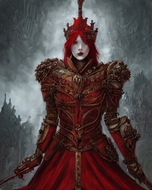 Prompt: redhead queen in heavy red armor, inside an epic gothic castle, baroque, large crown helmet, face with scars, psychopath, aristocratic, intimidating, ominous, high fantasy, intricate detail, digital painting, artstation, concept art, smooth, sharp focus, illustration, art by yoshitaka amano and monia merlo and wlop